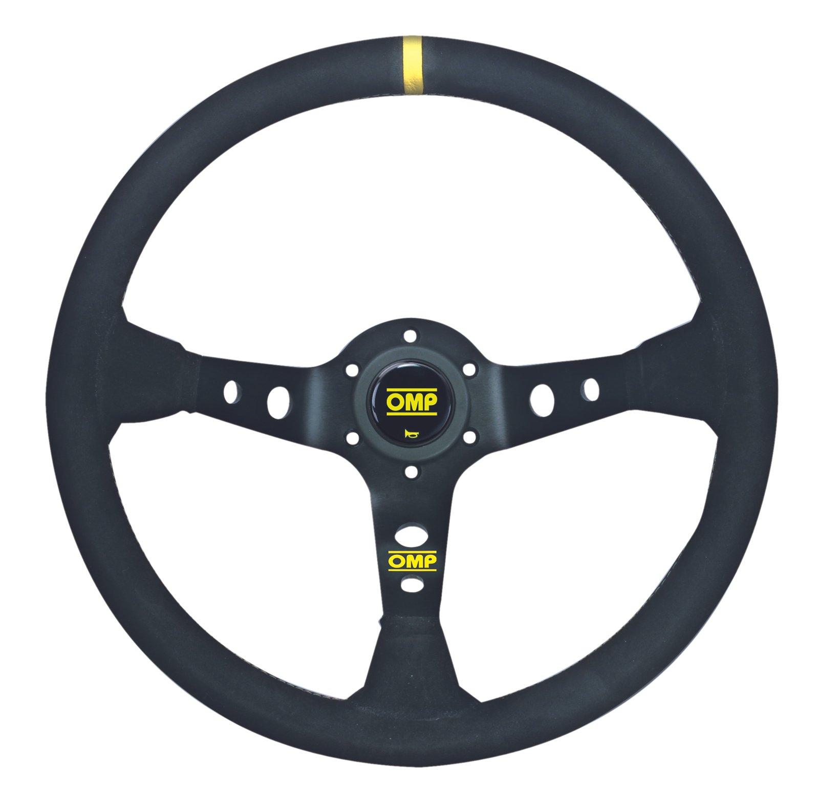 OMP Corsica Steering Wheel (95mm Dish), Black Suede, Black Spokes, Yellow Stitching
