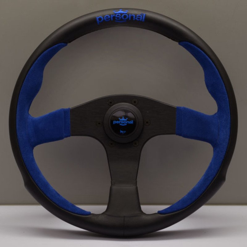 Personal Pole Position Steering Wheel - 330 mm - Black Leather & Blue Suede, Black Spokes, Blue Logo