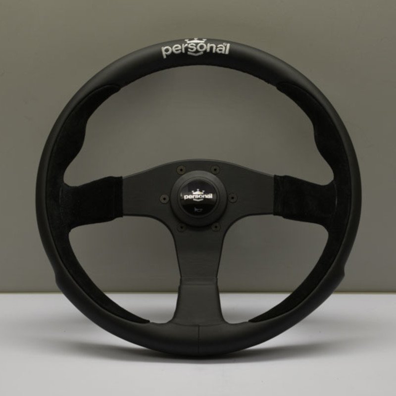 Personal Pole Position Steering Wheel - 350 mm - Black Leather & Black Suede, Black Spokes, Silver Logo