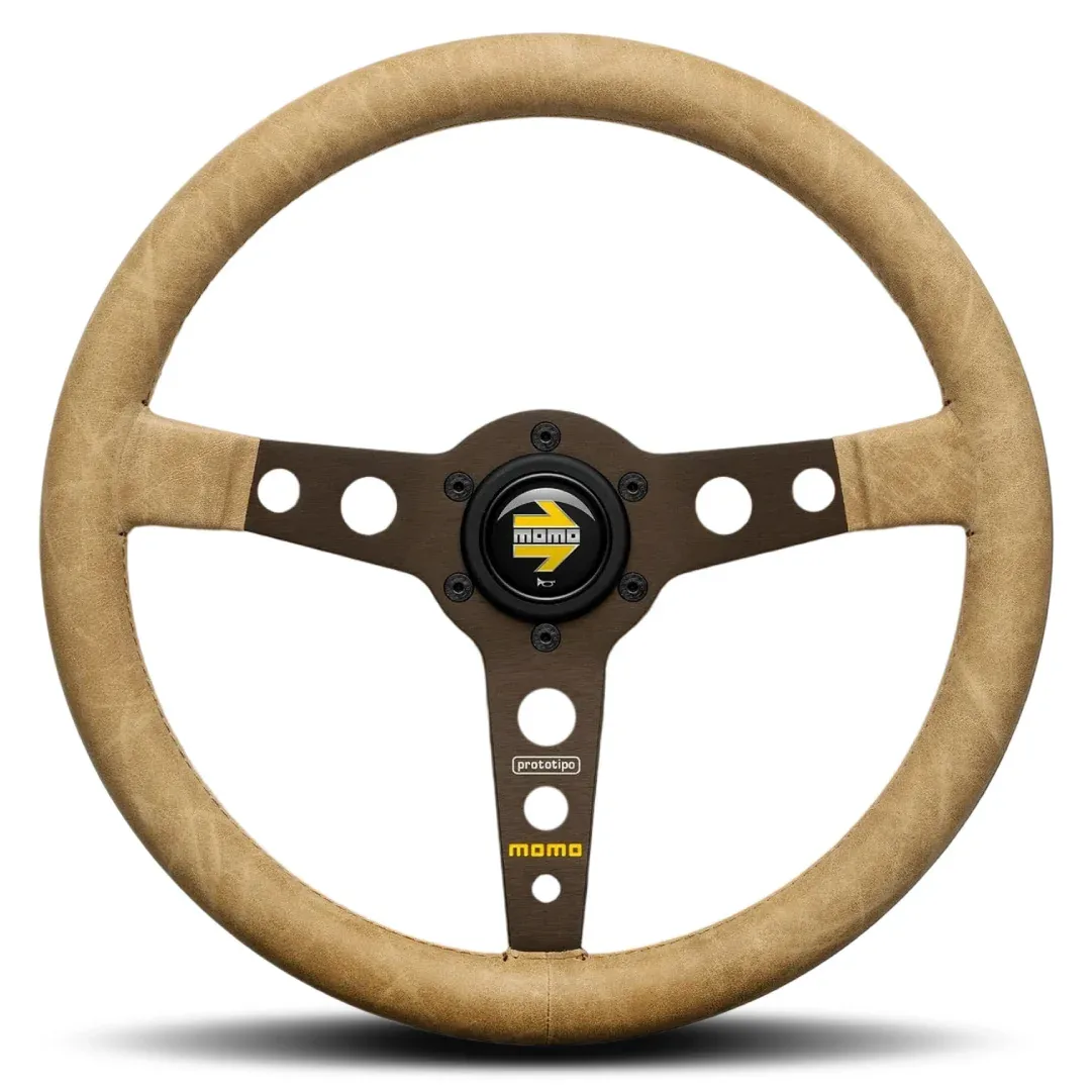 Momo Prototipo Desert Steering Wheel (39 mm Dish), Sahara Leather, Dark Brown Spokes - 35 cm